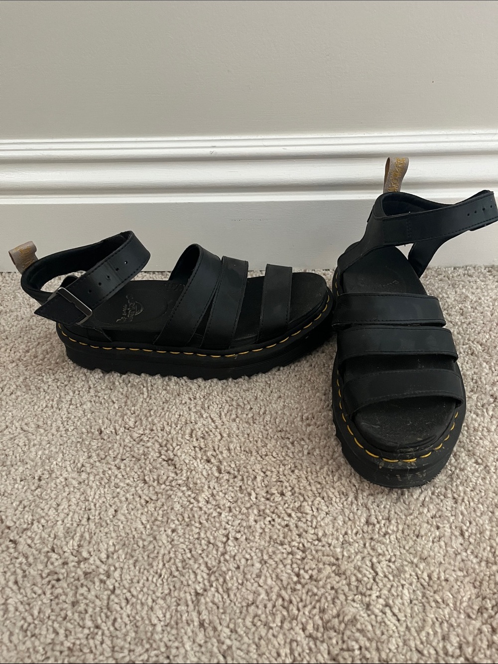 Dr. Martens Black Platform Strappy Sandals with Yellow Stitching